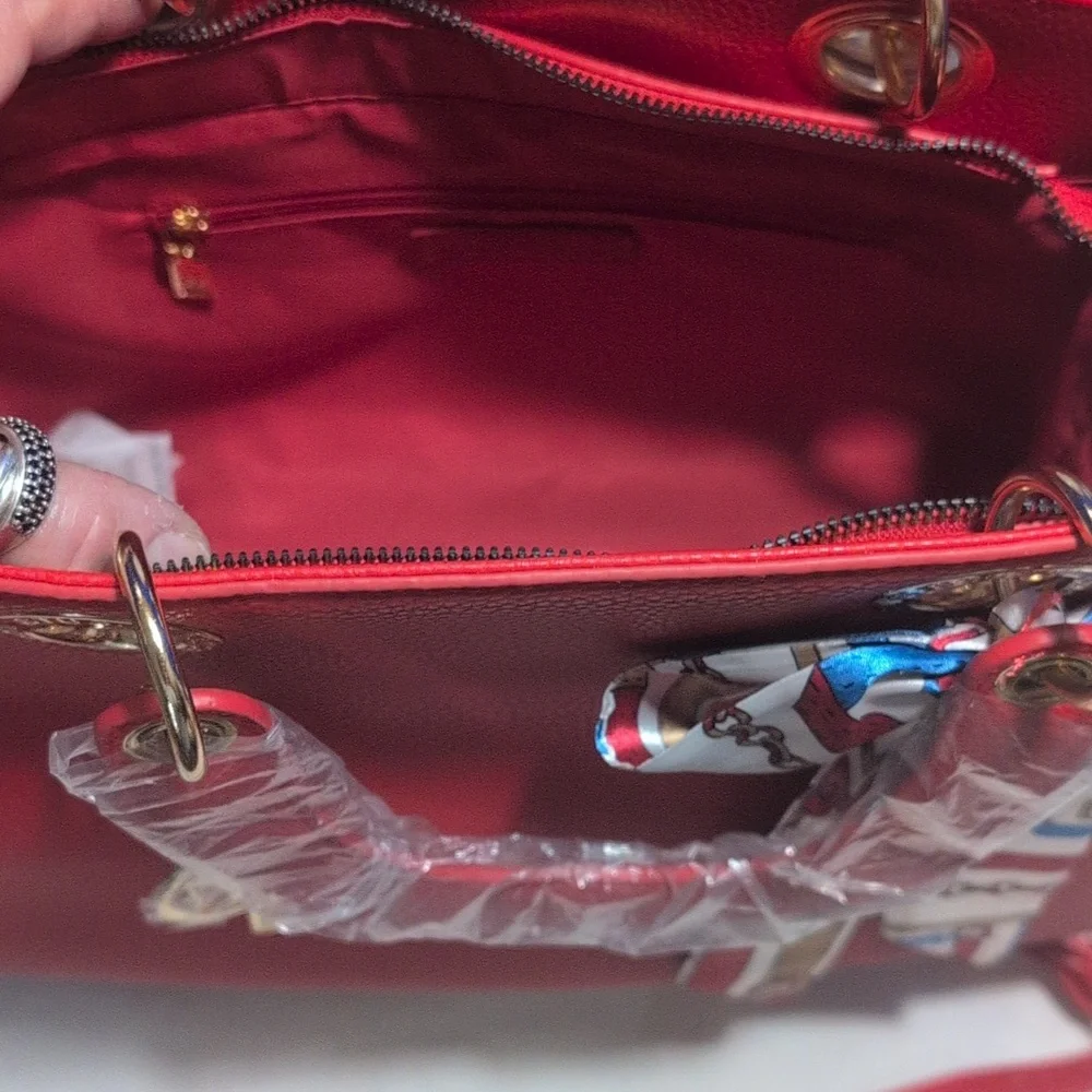 Badgley Mischka STUDIO Red Pebbled Vegan Leather Logo Eyelet Tote/Crossbody NEW!